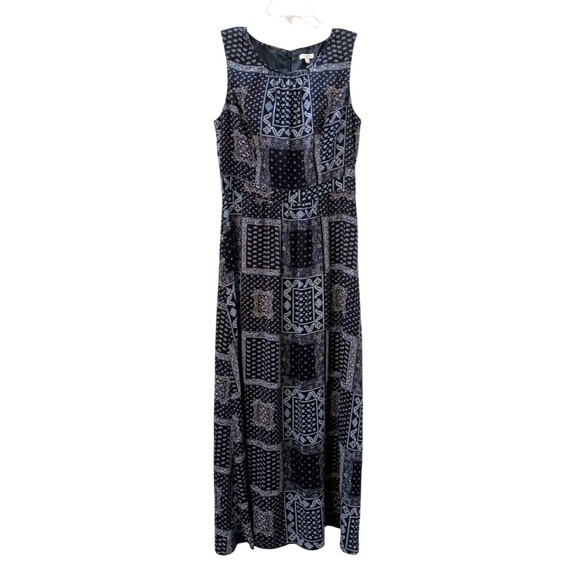 Talbots Dress 8 Maxi Navy Blue Patchwork Print Lined Bodice Sleeveless Back Zip - Picture 3 of 7